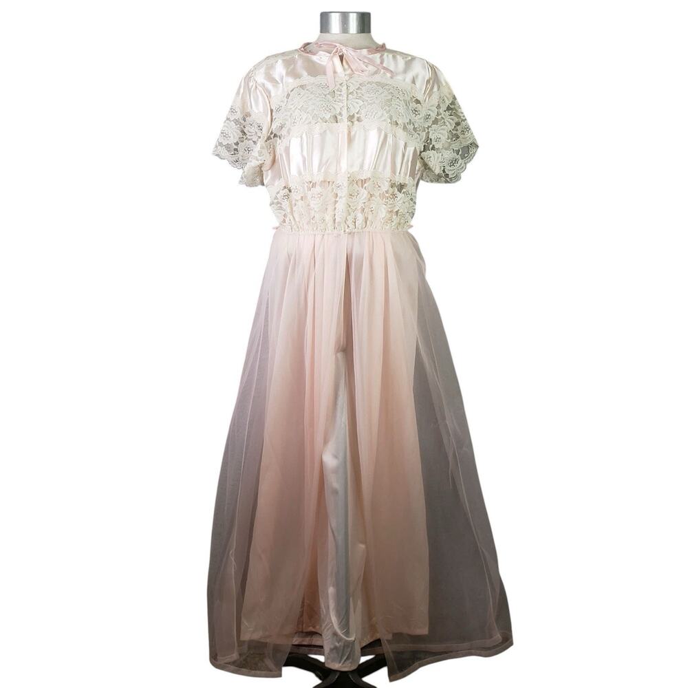 Vintage Long Lace Nightgown Sheer Robe Pink Ribbon Womens Size Large Peignor - Picture 2 of 13